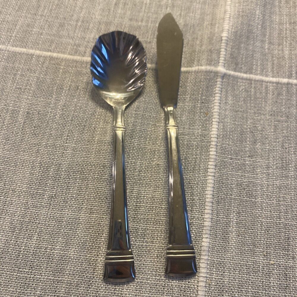 Wallace Zenith Frost sugar spoon and butter knife stainless steel flatware